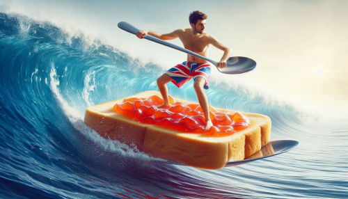 A man with UK shorts is surfing on a jam slice of toast.